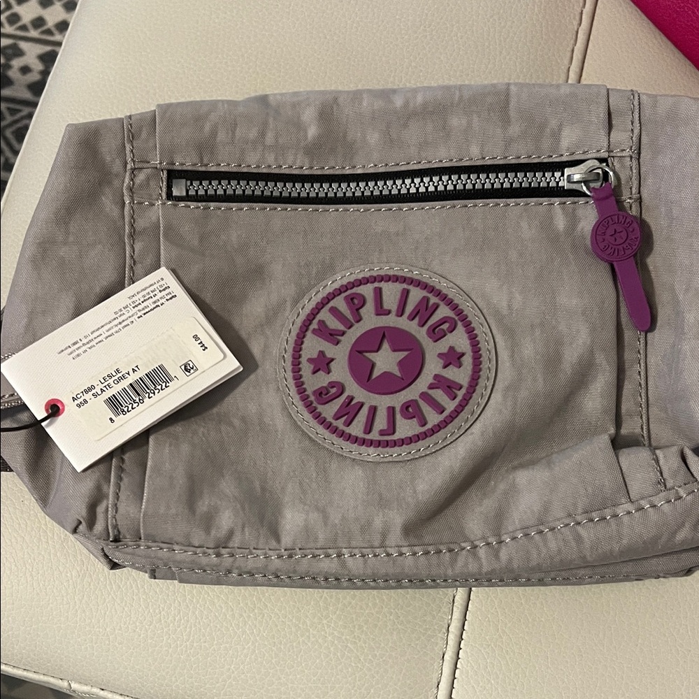 Kipling Stone Gray Bag with Plum Accents